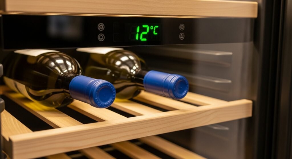 Two wine bottles stored in a Terim wine cooler set at 12 °C, repaired and maintained by expert technicians in Dubai, UAE.