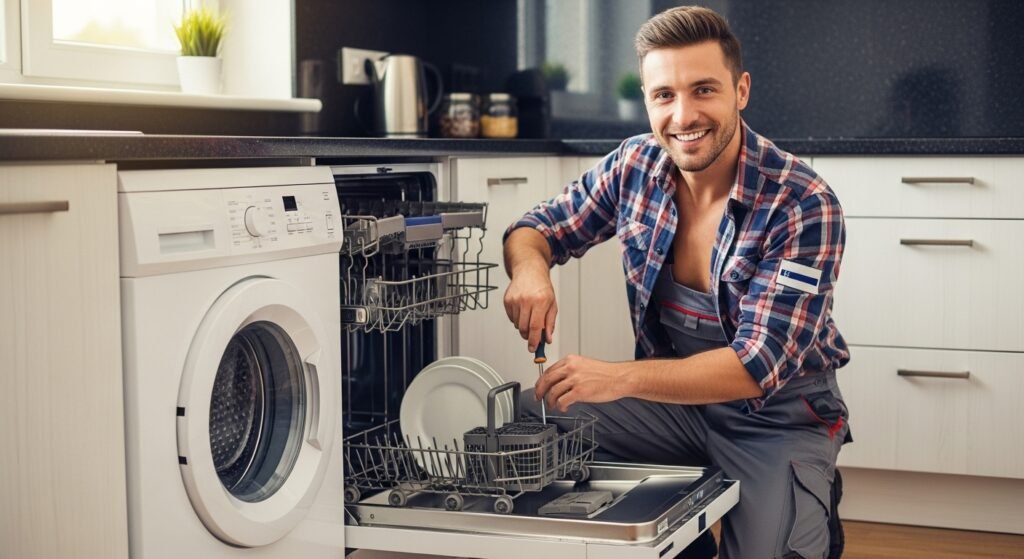 Professional technician repairing a Terim dishwasher in a modern UAE kitchen.