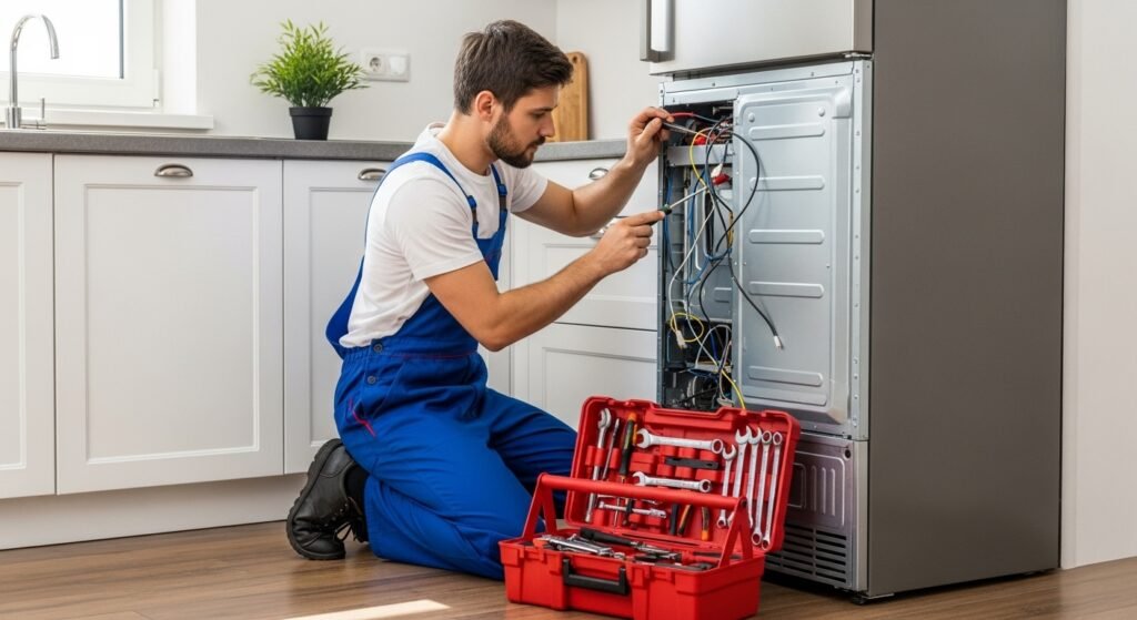 Professional technician repairing a Terim refrigerator with tools in a UAE home kitchen.