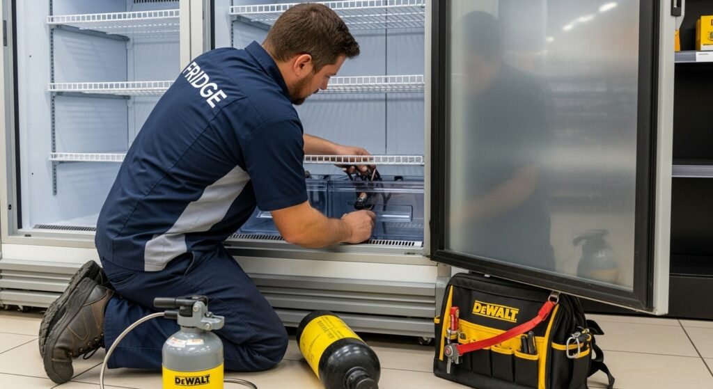Technician repairing a Terim showcase chiller in a UAE commercial store using professional refrigeration tools.