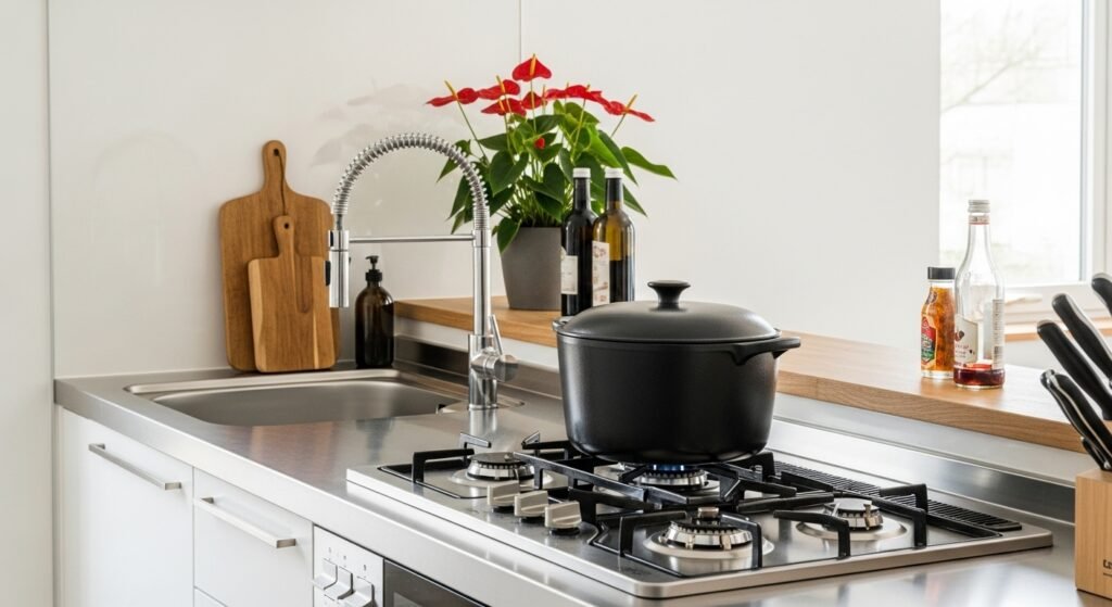 Terim cooking range with stainless steel gas stove and black pot in a modern UAE kitchen