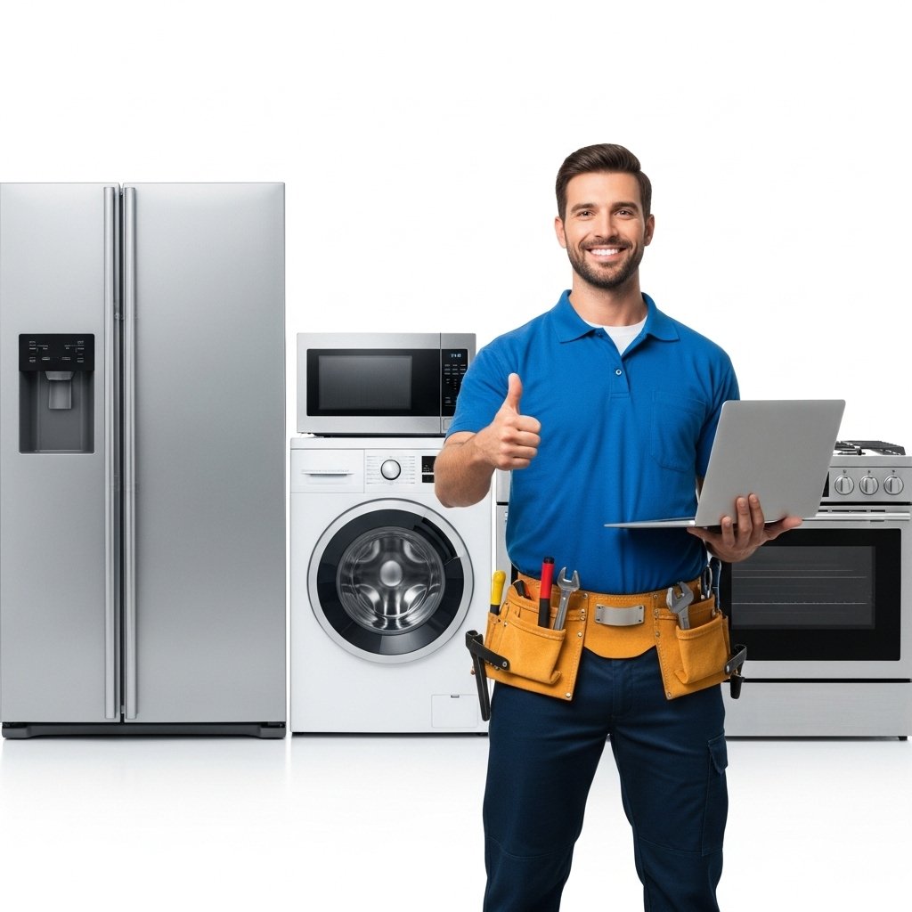 Authorized Terim appliance repair technician in UAE standing with laptop and giving thumbs up in front of refrigerator, washing machine, microwave, and oven.