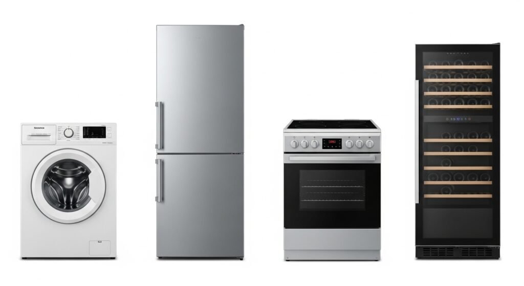 Terim home appliances including washing machine, refrigerator, oven, and wine cooler displayed in a row Terim Service Center Dubai