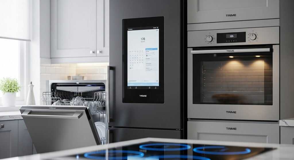 Modern kitchen with Terim smart refrigerator, built-in oven, and dishwasher serviced by Terim Service Center UAE.