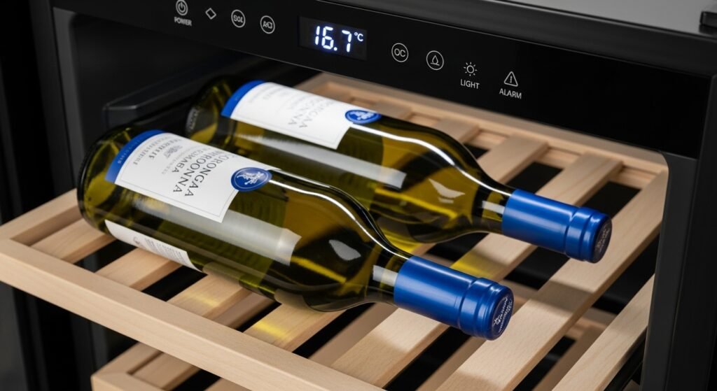 Two wine bottles stored inside a Terim wine cooler set at 16.7°C, placed on wooden shelves.