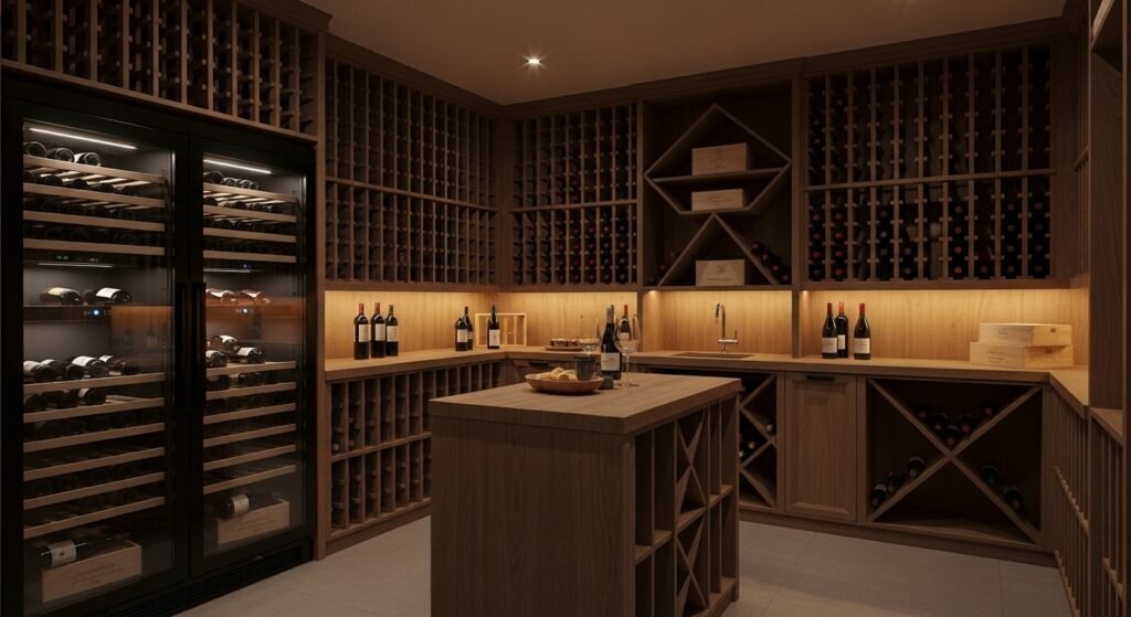 Luxury wooden wine cellar with glass door wine coolers, illuminated shelves, and an island counter displaying bottles and glasses.